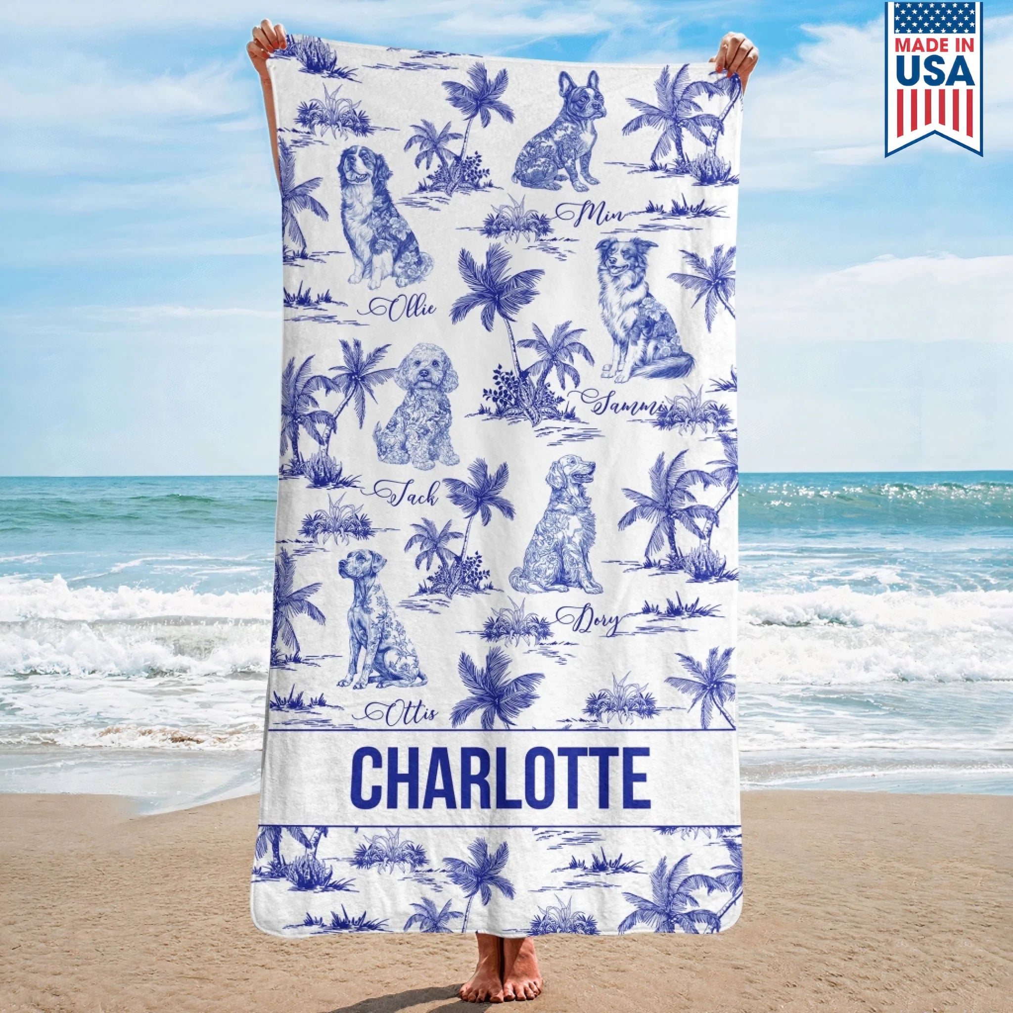 Dog-Floral-Toile-De-Jouy-Chinoiserie-French-Personalized-Quick-Dry-Beach-Towel-1