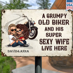 An Old Grumpy Biker and His Sexy Wife Live Here Personalized Metal Sign, Gift for Biker Couple