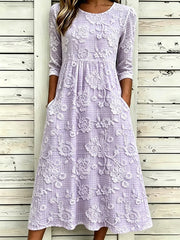 Lavender 3D Floral Embroidery Crew Neck Half Sleeve A-Line Summer T-Shirt Dress
