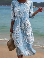 Light Blue 3D White Floral Embroidery Round Neck Half Sleeve Loose Midi Dress For Women