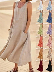 Sleeveless Round Neck Patch Pocket Linen Blend A-Line Maxi Dress For Women