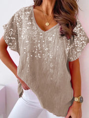 Women's Casual Floral and Leaf V Neck Linen Short Sleeve Summer T-shirt