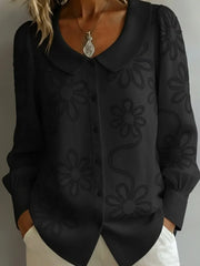 Spring Embroidery Floral Long Sleeve Crew Neck Button Casual Top