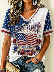 Independence Day Flag Print V-neck Short Sleeve Casual T-shirt