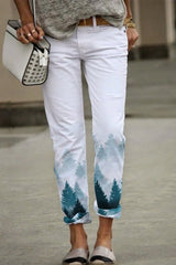 Landscape Print with Pockets Zipper Pants