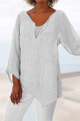 Women's V-neck Solid Color Irregular 3/4 Sleeves Blouse
