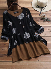 Women's Round Neck Floral Patchwork Long Sleeves Blouse