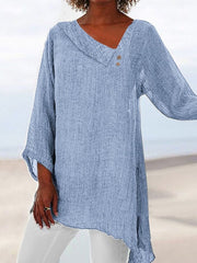 Asymmetrical Casual V Neck Plain Long Sleeves Blouse