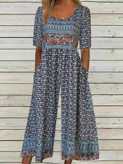 H-Line Crew Neck Daily Going Out Casual Small Floral Summer Ankle Pants Jumpsuit