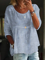 Casual Loose Striped Crew Neck 3/4 Sleeve Shirt