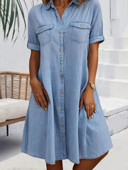 Cotton Buckle Loose Shirt Collar Short Dress