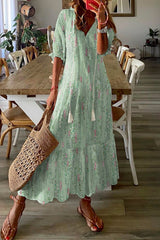 V Neck Casual Abstract Printed Maxi Dress