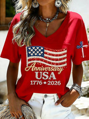 Usa Anniversary Print V-neck T-shirt