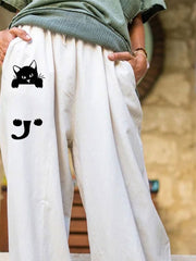 Cat Print with Pockets Casual Elastic Waist Pants
