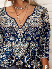 V Neck Ethnic Printed Casual T-Shirt